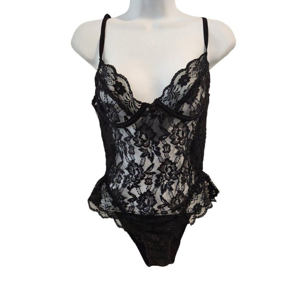 Vintage 90s Willi Wear Intimates Womens Black Lace Peekaboo Teddy M Sexy